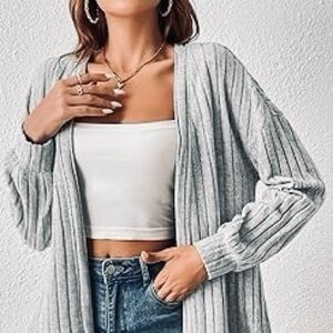 MICHAEL KORS Cozy Open Front Cable Knit Grey Oversized Cardigan With Pockets